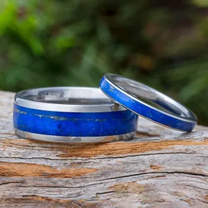 Lapis Lazuli Wedding Band Set, His and Hers Titanium Rings