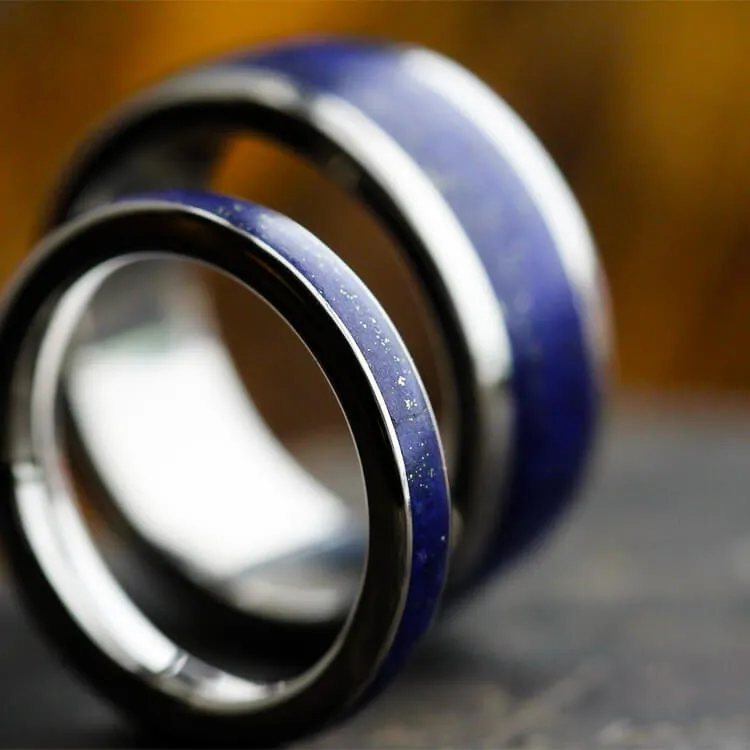 Lapis Lazuli Wedding Band Set, His and Hers Titanium Rings