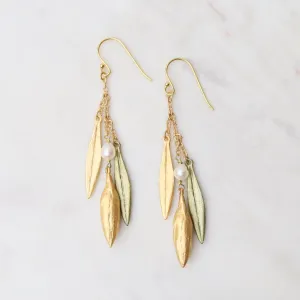 Leaf & Bud 3 Leaf Pearl Drop Earrings