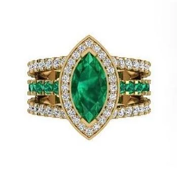Marquise Diamond and Emerald Ring 18K Yellow Gold