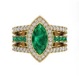 Marquise Diamond and Emerald Ring 18K Yellow Gold