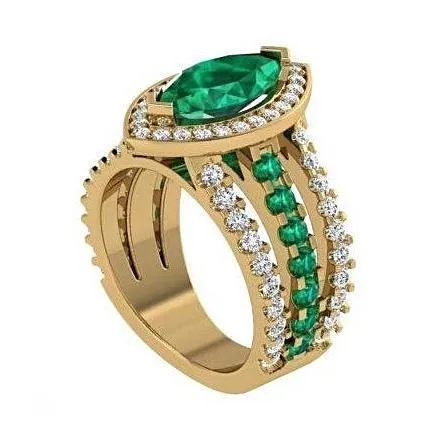 Marquise Diamond and Emerald Ring 18K Yellow Gold