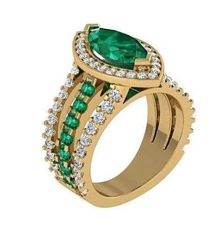 Marquise Diamond and Emerald Ring 18K Yellow Gold