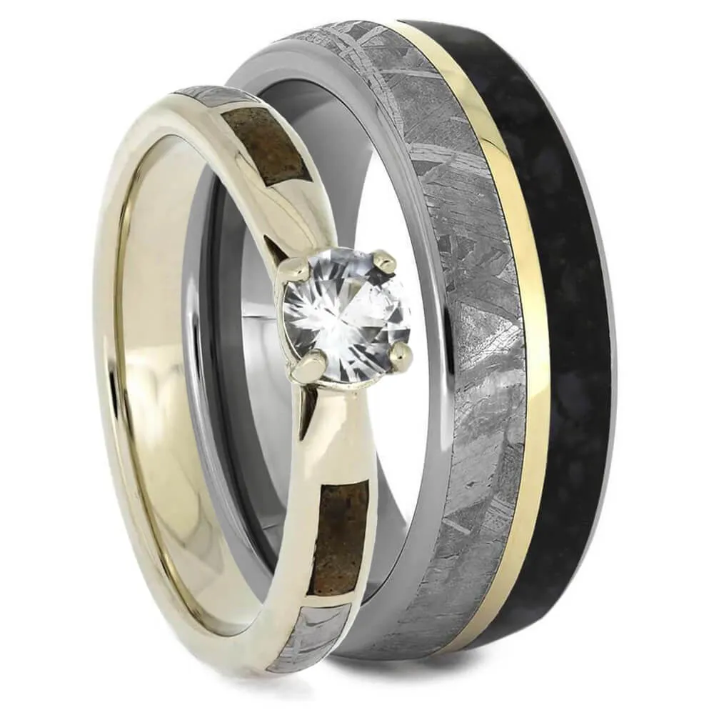 Matching Dinosaur Bone and Meteorite Wedding Ring Set