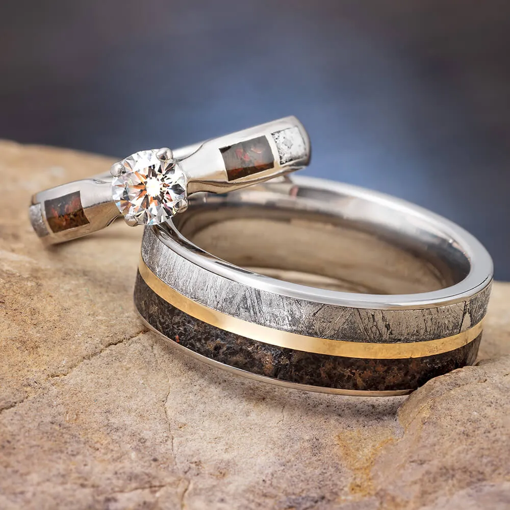 Matching Dinosaur Bone and Meteorite Wedding Ring Set