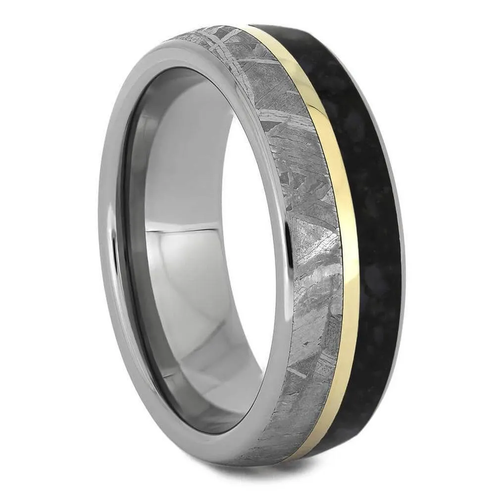 Matching Dinosaur Bone and Meteorite Wedding Ring Set