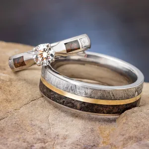 Matching Dinosaur Bone and Meteorite Wedding Ring Set