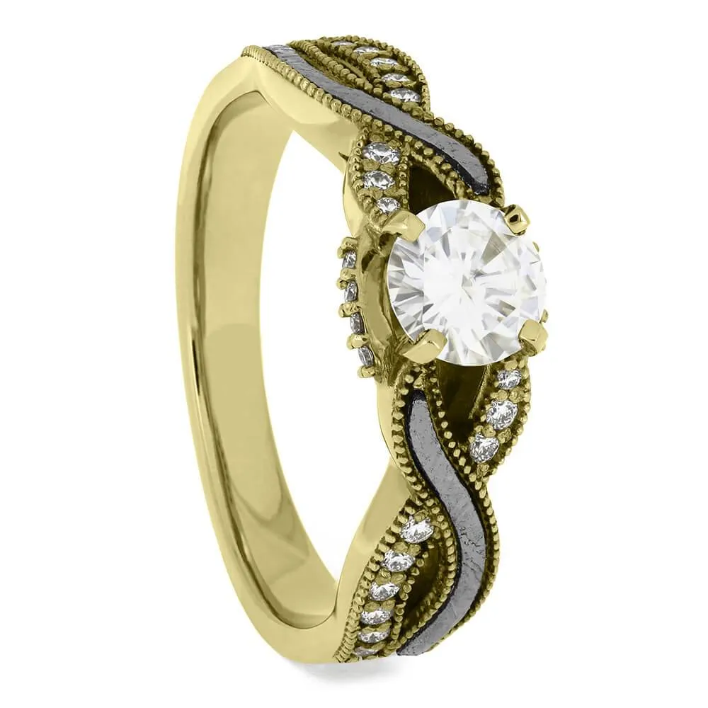 Matching Meteorite Wedding Ring Set with Yellow Gold Accents