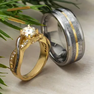 Matching Meteorite Wedding Ring Set with Yellow Gold Accents