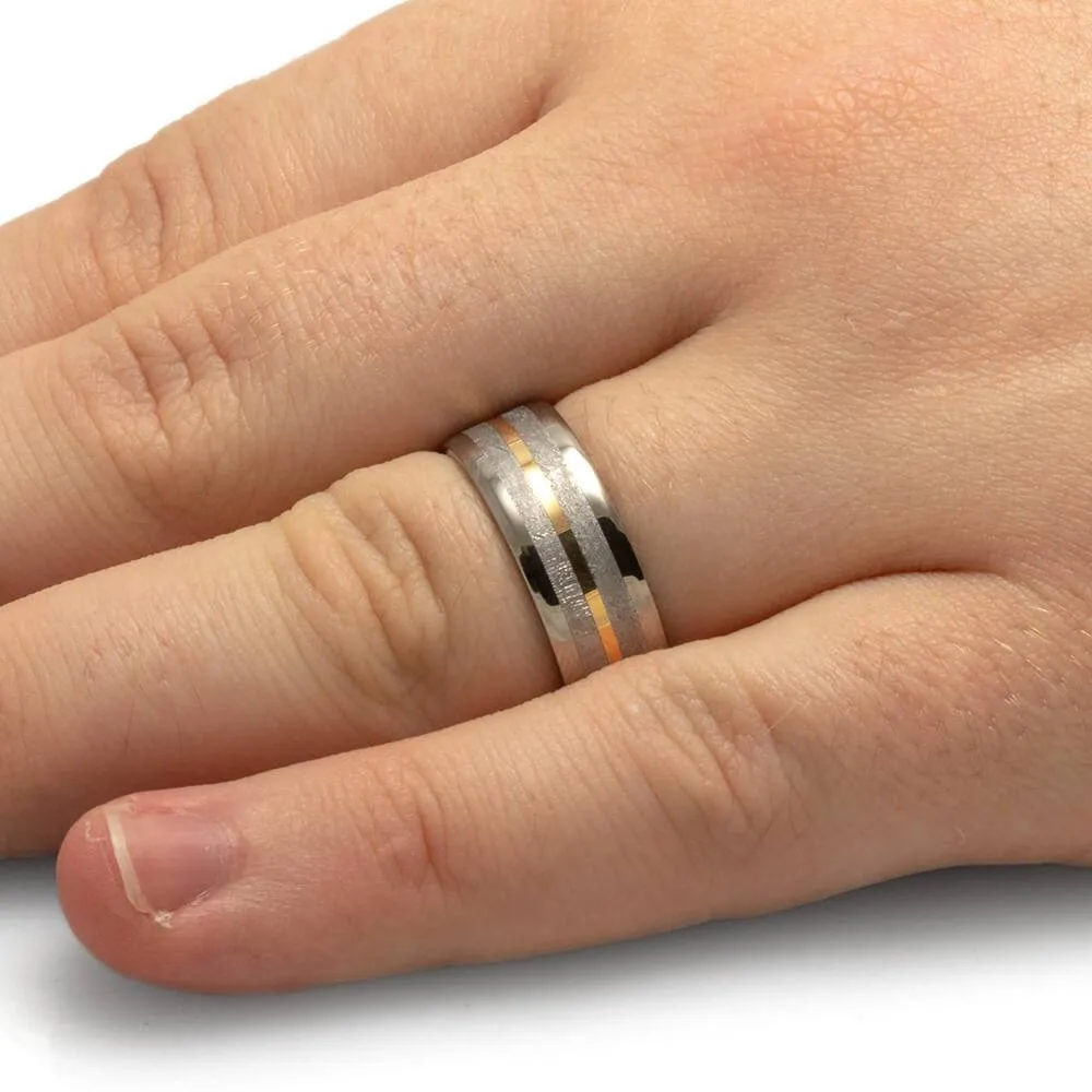 Matching Meteorite Wedding Ring Set with Yellow Gold Accents