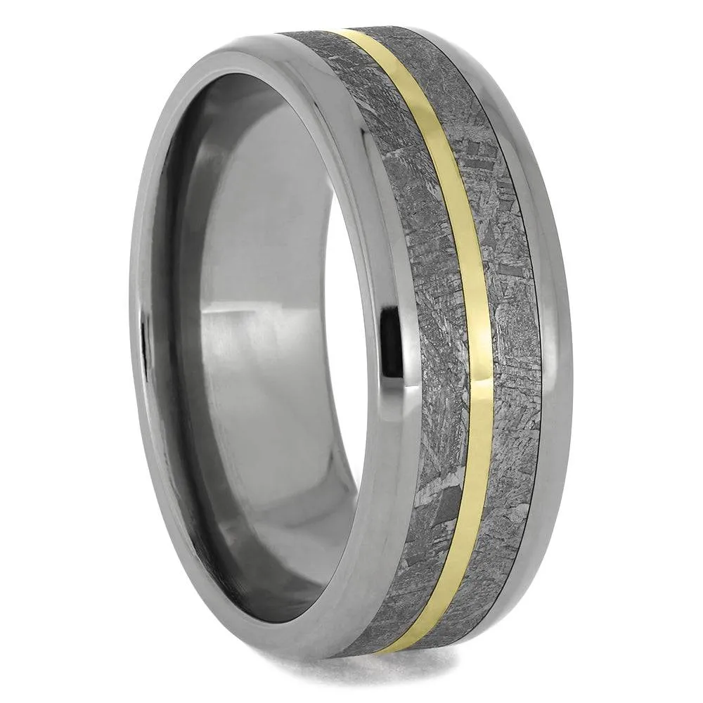 Matching Meteorite Wedding Ring Set with Yellow Gold Accents