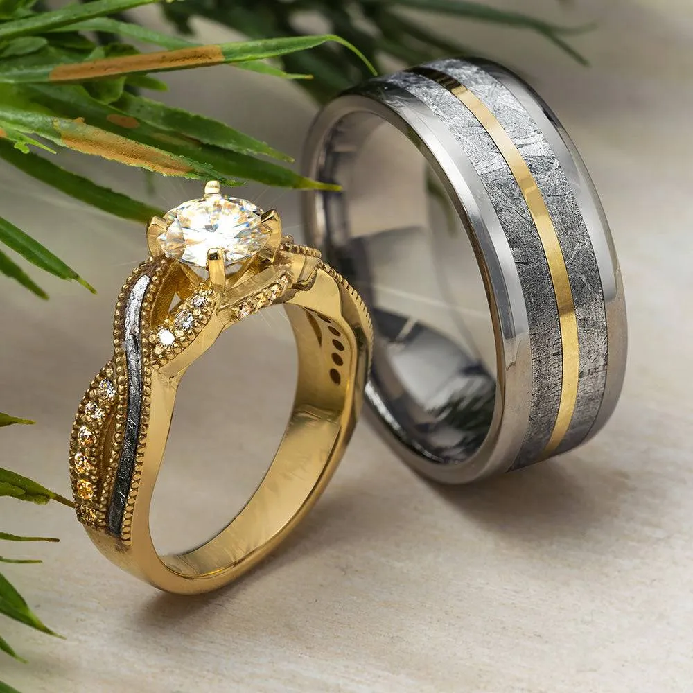 Matching Meteorite Wedding Ring Set with Yellow Gold Accents