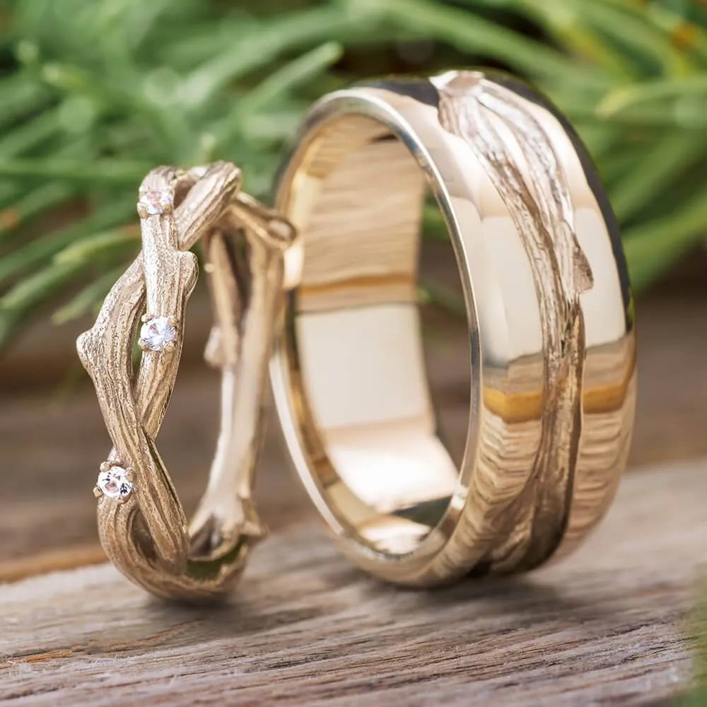 Matching Nature Wedding Ring Set with Branch Profiles