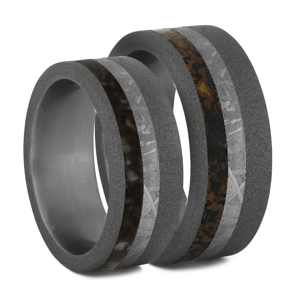 Matching Titanium Rings With Meteorite And Dinosaur Bone