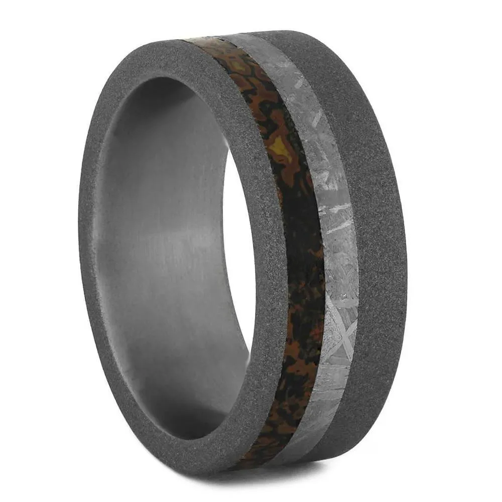 Matching Titanium Rings With Meteorite And Dinosaur Bone