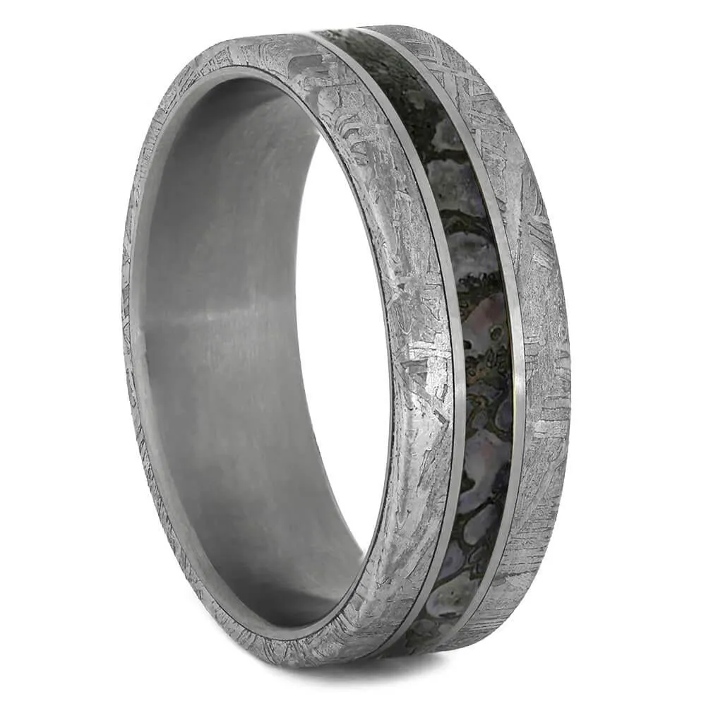 Matching Wedding Band Set With Meteorite and Dinosaur Bone