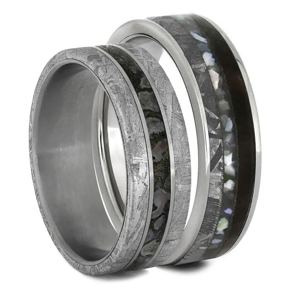 Matching Wedding Band Set With Meteorite and Dinosaur Bone