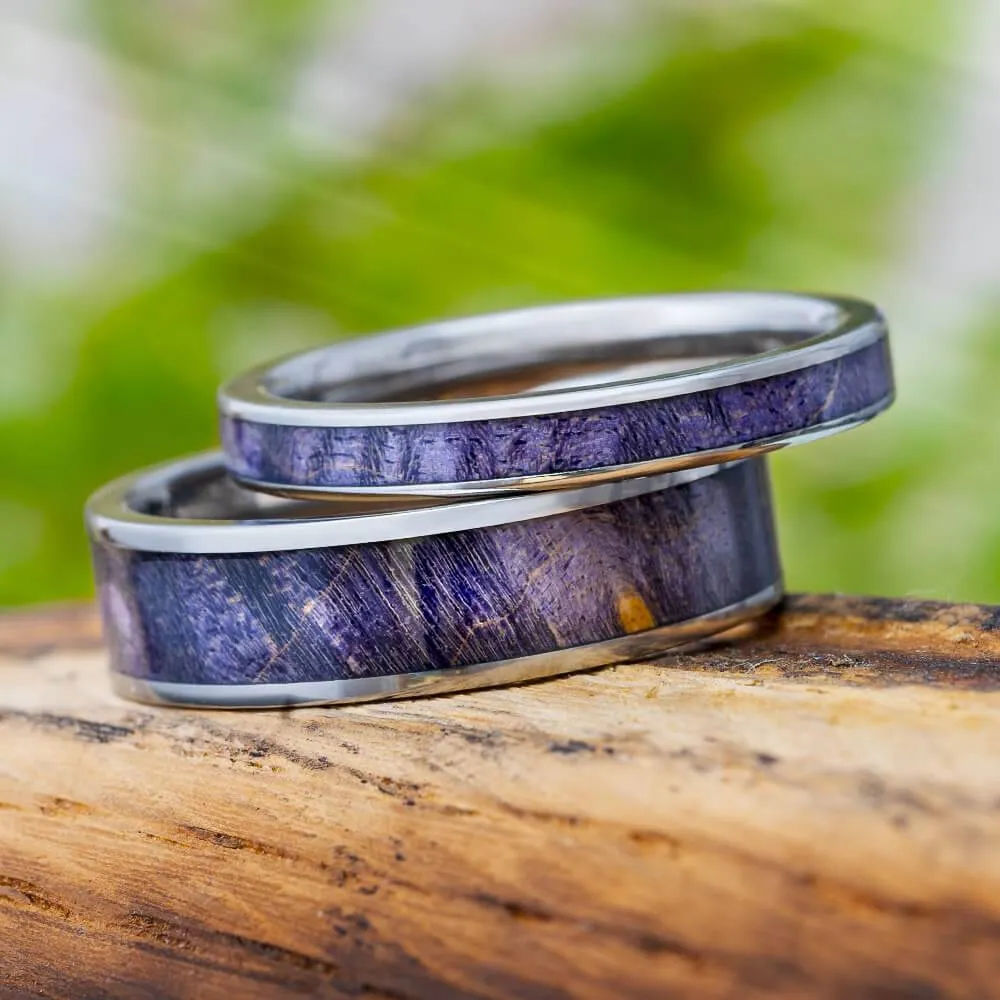 Matching Wedding Band Set with Purple Box Elder Burl Wood