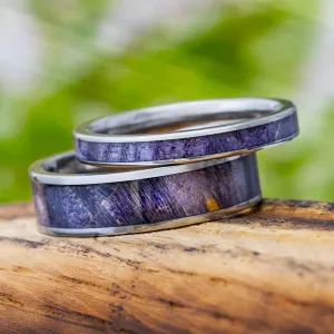 Matching Wedding Band Set with Purple Box Elder Burl Wood