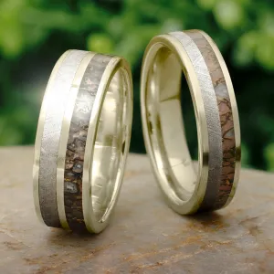 Matching Wedding Bands With Meteorite & Dinosaur Bone