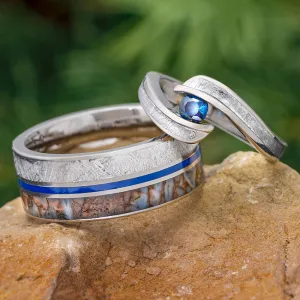 Meteorite & Dinosaur Bone Wedding Ring Set, Matching Blue Rings