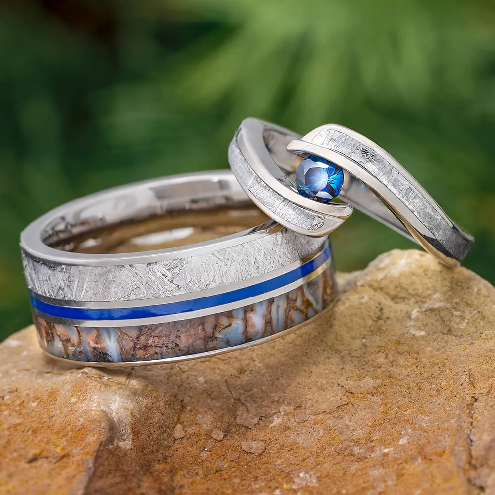 Meteorite & Dinosaur Bone Wedding Ring Set, Matching Blue Rings