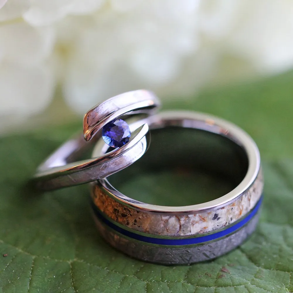 Meteorite & Dinosaur Bone Wedding Ring Set, Matching Blue Rings