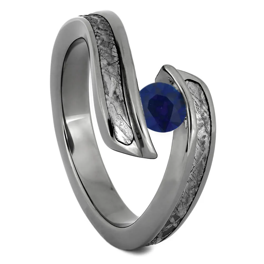 Meteorite & Dinosaur Bone Wedding Ring Set, Matching Blue Rings