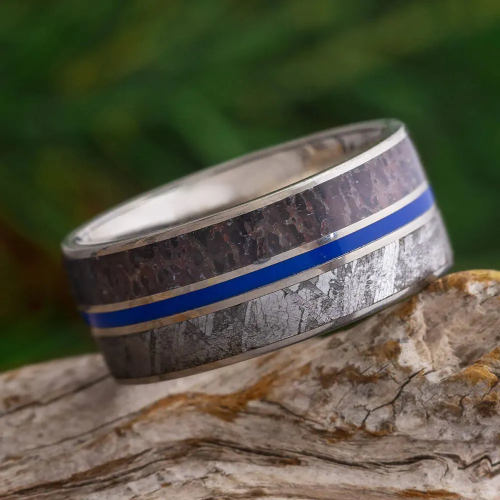 Meteorite & Dinosaur Bone Wedding Ring Set, Matching Blue Rings