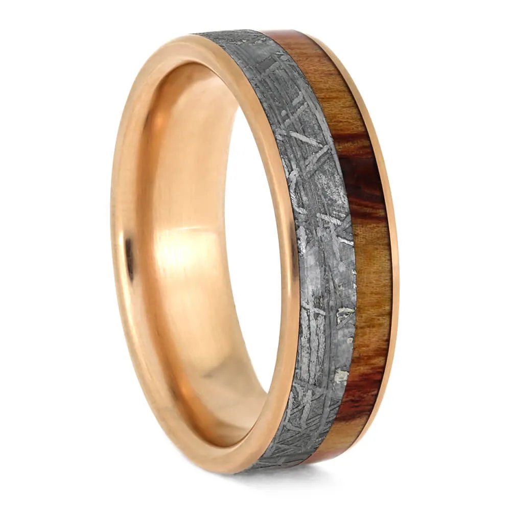 Meteorite & Wood Wedding Ring Set, Matching Rose Gold Wedding Bands