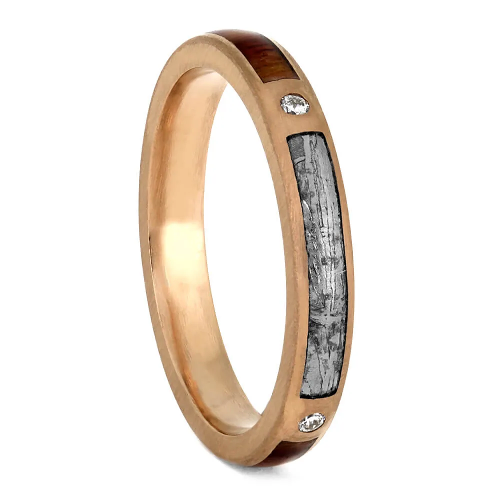 Meteorite & Wood Wedding Ring Set, Matching Rose Gold Wedding Bands