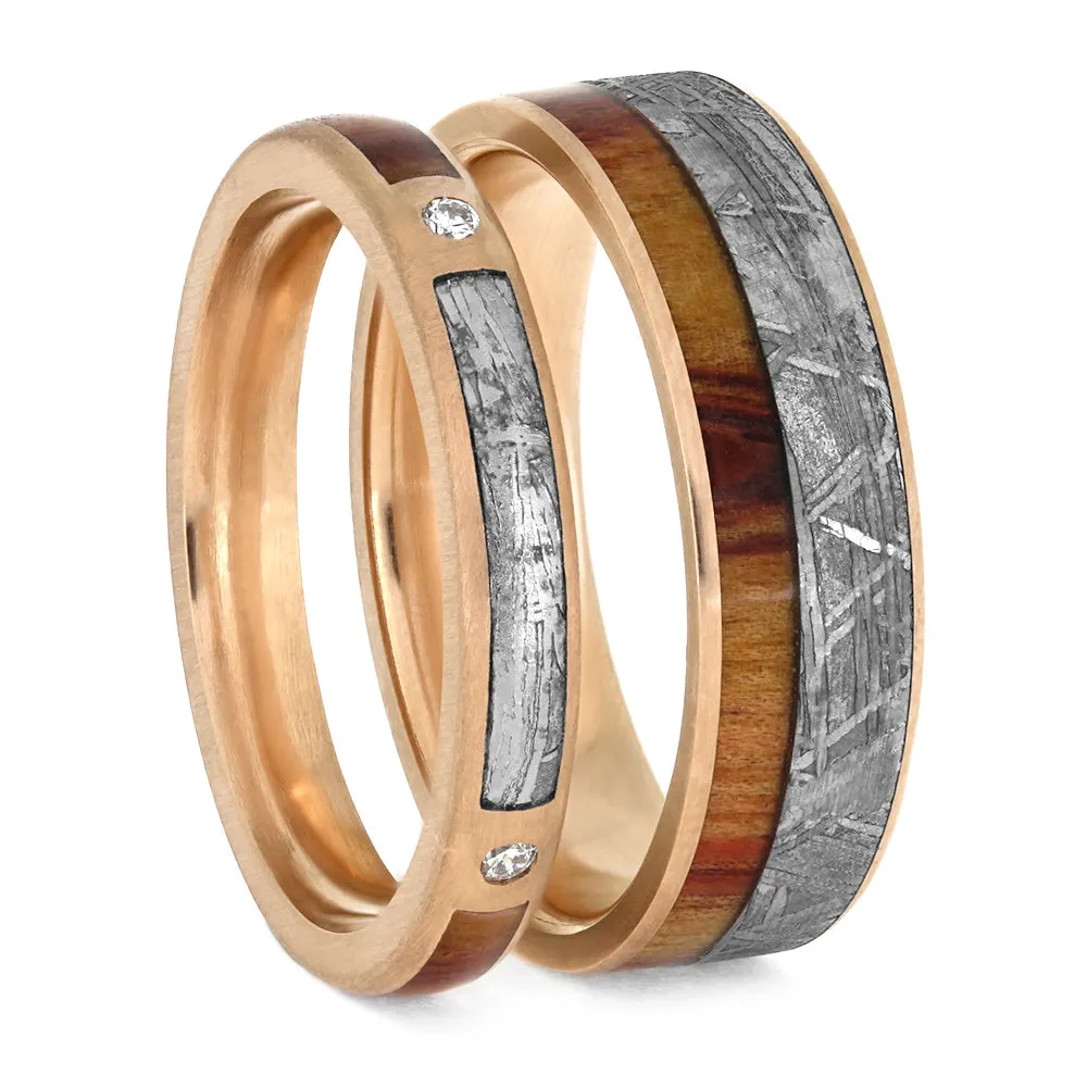 Meteorite & Wood Wedding Ring Set, Matching Rose Gold Wedding Bands