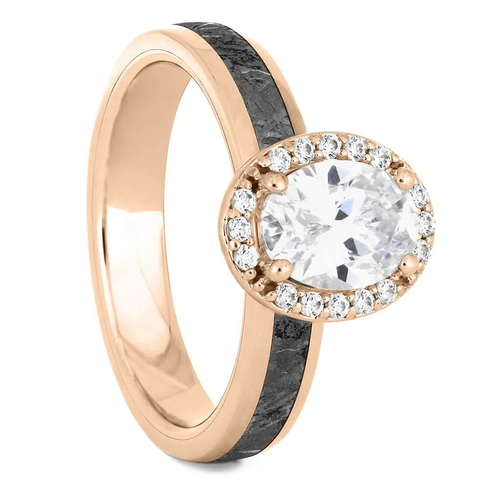 Meteorite and Gold Wedding Ring Set with Oval Halo Engagement Ring