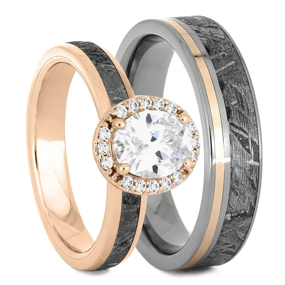 Meteorite and Gold Wedding Ring Set with Oval Halo Engagement Ring