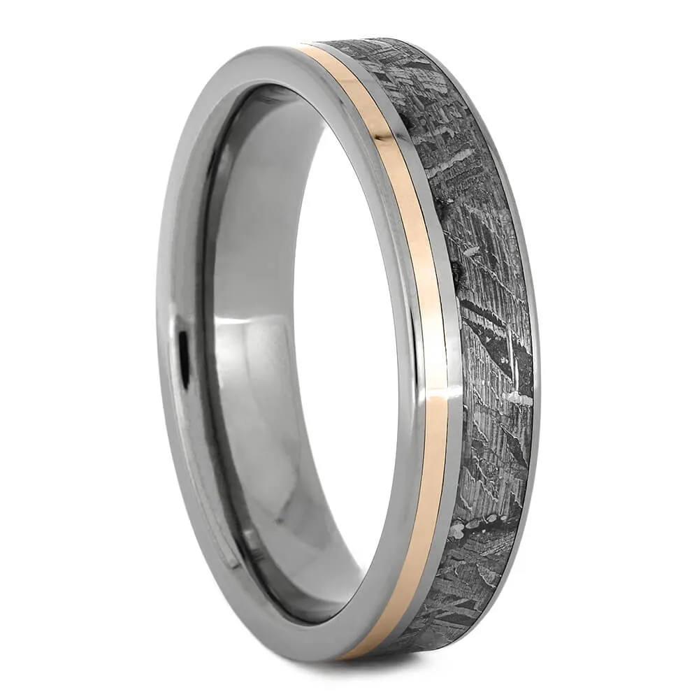 Meteorite and Gold Wedding Ring Set with Oval Halo Engagement Ring