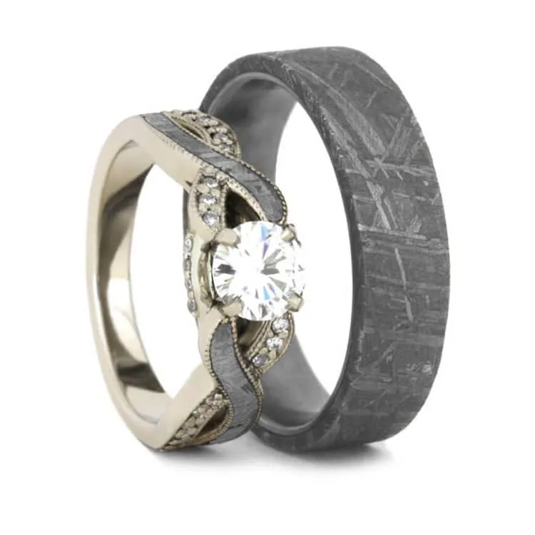 Meteorite Engagement Ring & Wedding Band Set