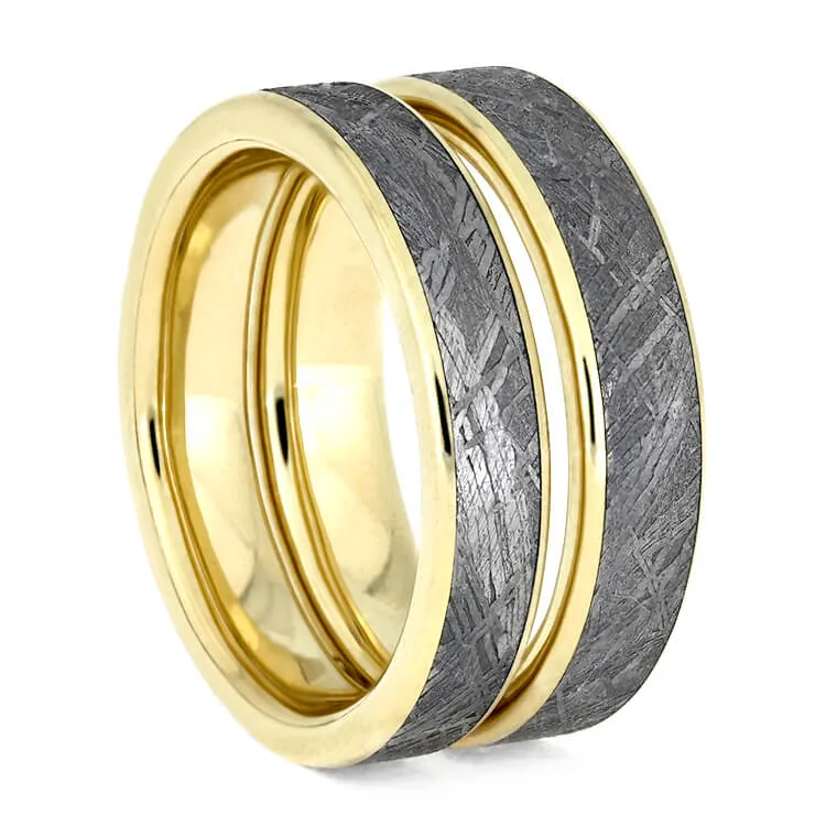 Meteorite Ring Set, Matching Solid Yellow Gold Wedding Bands
