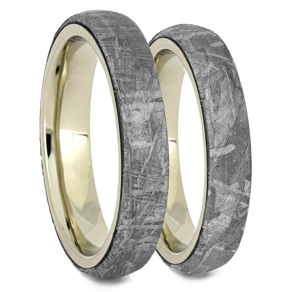 Meteorite Wedding Band Set, White Gold Matching Rings