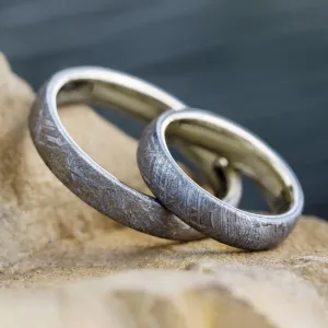 Meteorite Wedding Band Set, White Gold Matching Rings