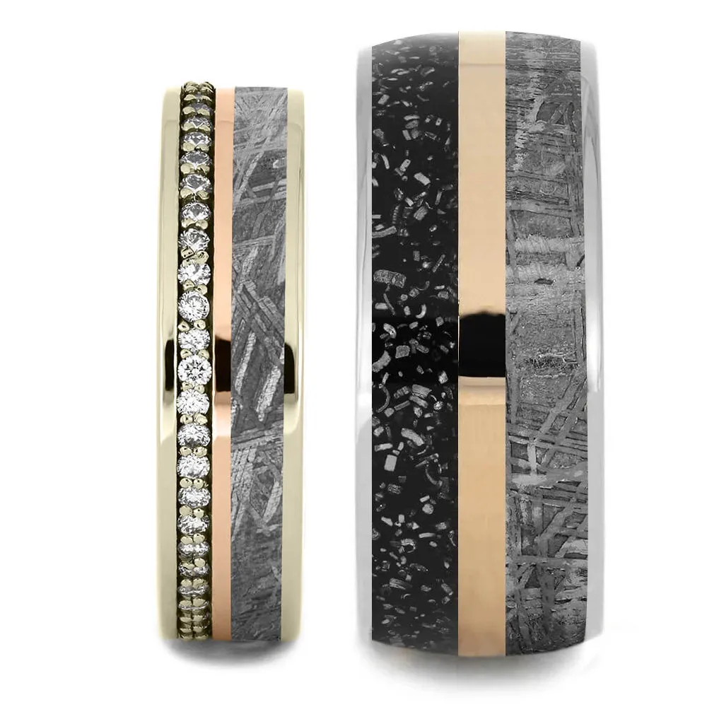 Meteorite Wedding Band Set with Rose Gold Pinstripes and Stardust