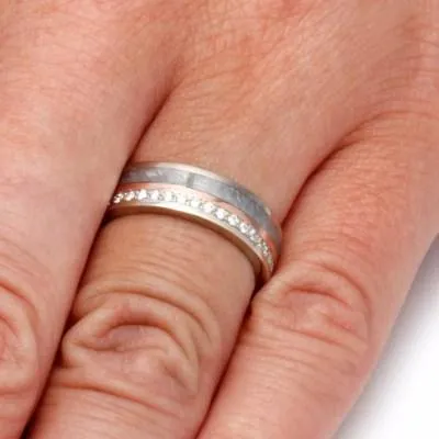 Meteorite Wedding Band Set with Rose Gold Pinstripes and Stardust