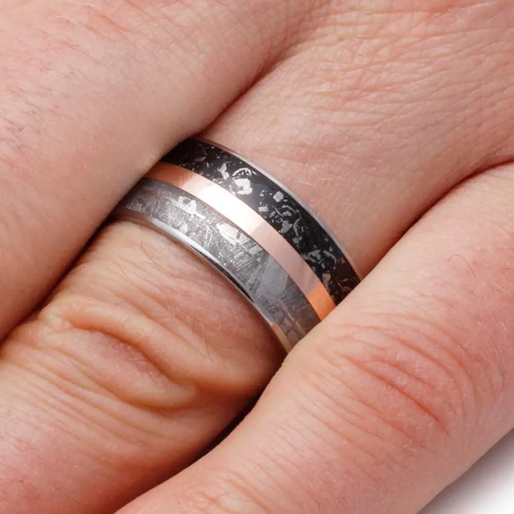 Meteorite Wedding Band Set with Rose Gold Pinstripes and Stardust