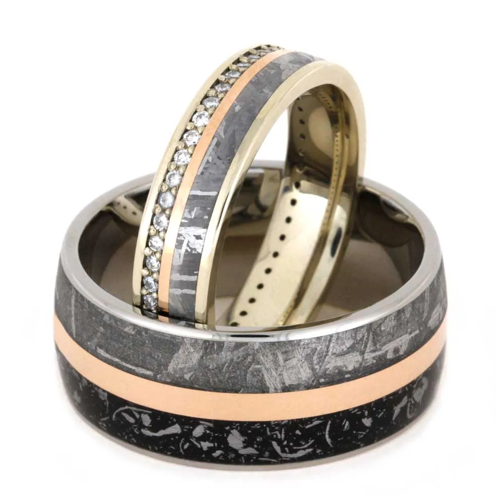 Meteorite Wedding Band Set with Rose Gold Pinstripes and Stardust