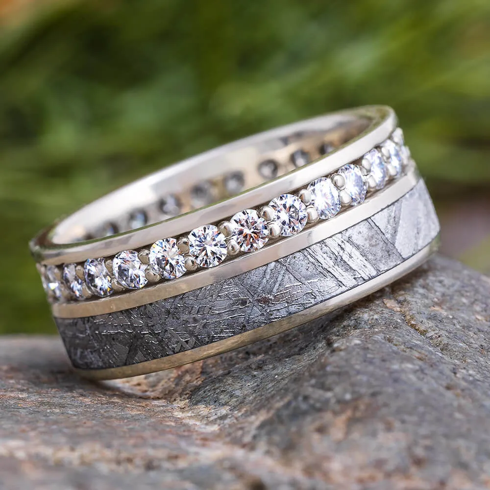 Meteorite Wedding Ring Set, Halo Engagement Ring With Eternity Band