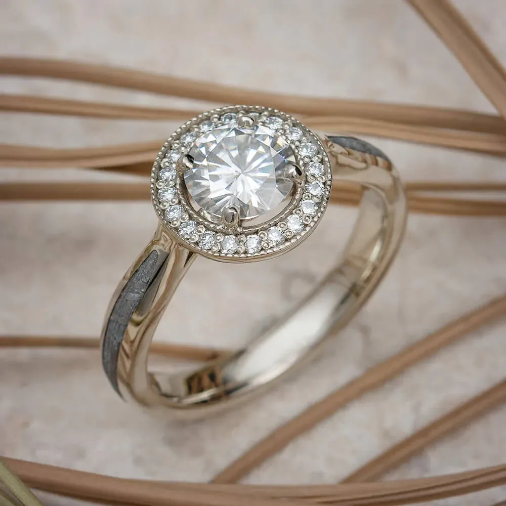 Meteorite Wedding Ring Set, Halo Engagement Ring With Eternity Band