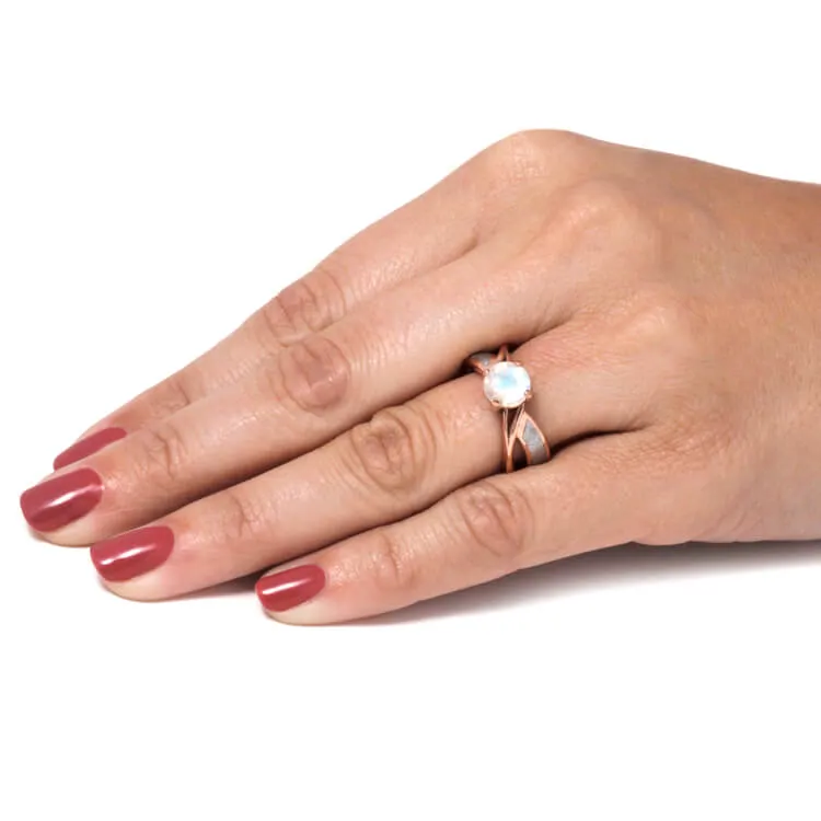 Meteorite Wedding Ring Set With Moonstone Engagement Ring