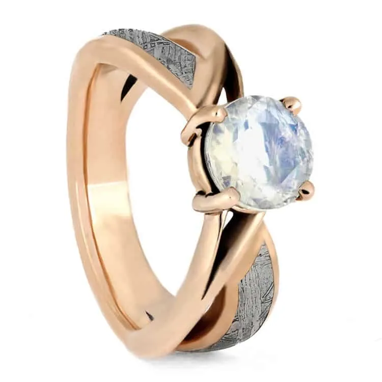 Meteorite Wedding Ring Set With Moonstone Engagement Ring