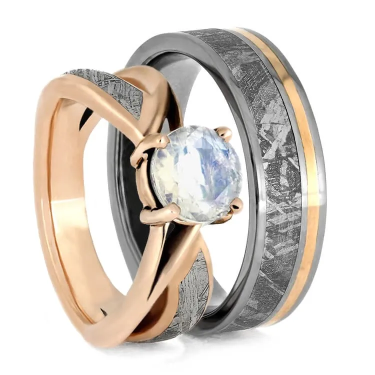 Meteorite Wedding Ring Set With Moonstone Engagement Ring
