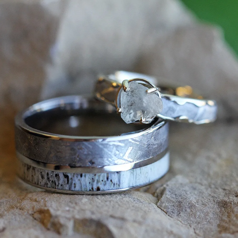 Meteorite Wedding Ring Set with Rough Diamond Engagement Ring