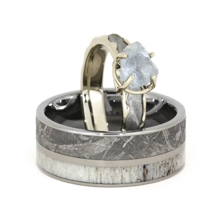 Meteorite Wedding Ring Set with Rough Diamond Engagement Ring